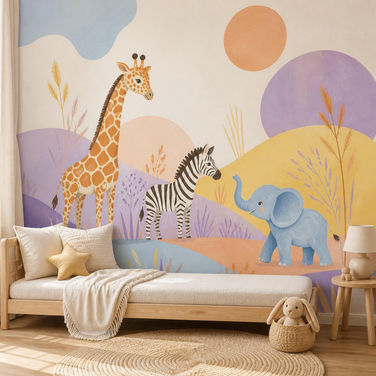 Safari nursery wallpaper mural behind a daybed with a star pillow and plush bunny