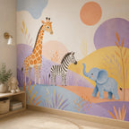 Safari nursery wallpaper mural in a corner with a wooden side table, lamp and plush bunny