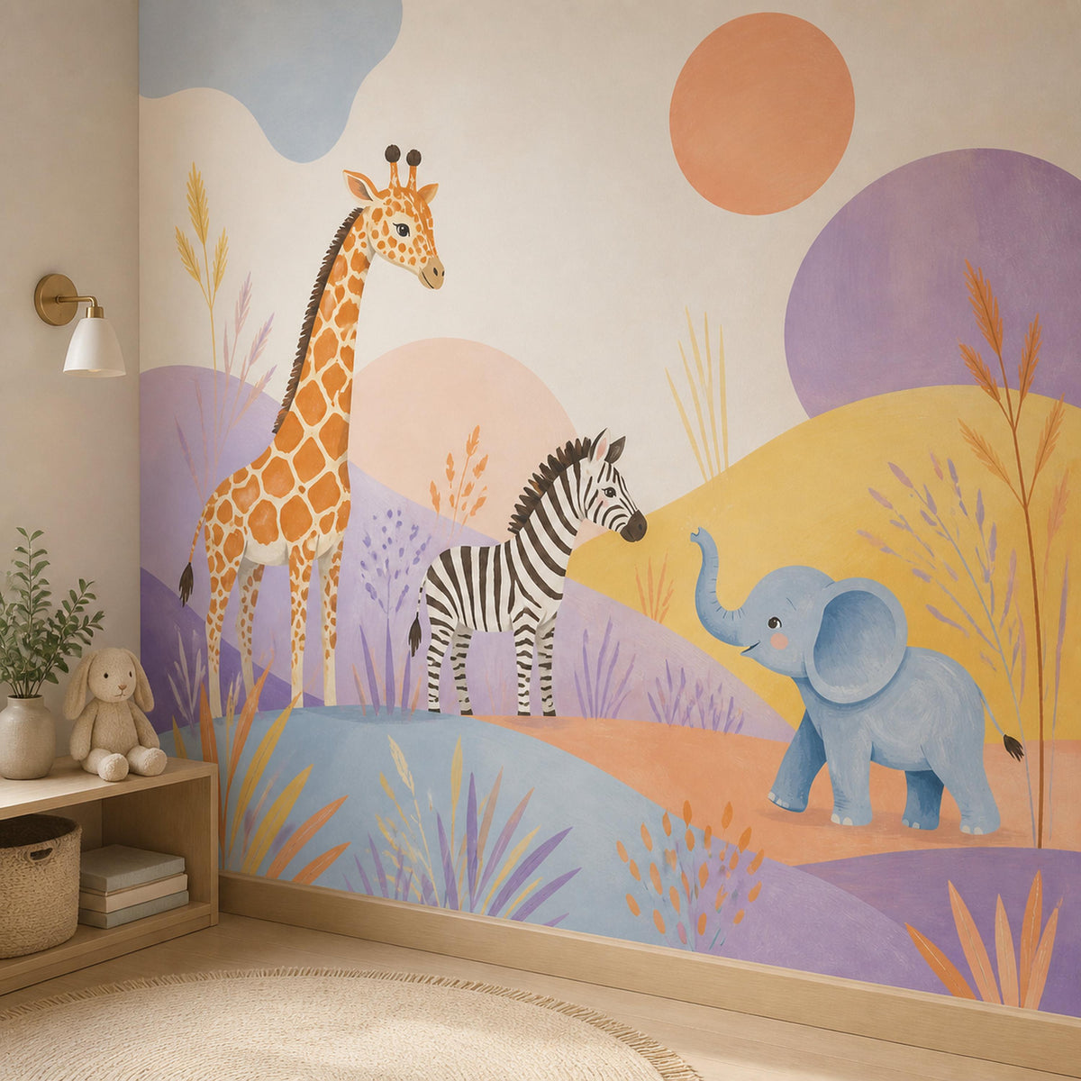 Safari nursery wallpaper mural in a corner with a wooden side table, lamp and plush bunny