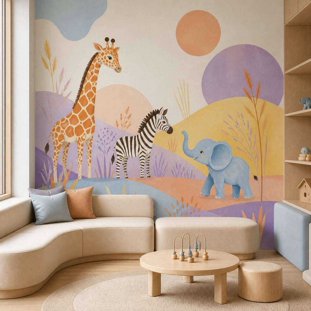 Safari nursery wallpaper mural in a playroom with a curved cream sofa and low wooden table
