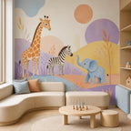 Safari nursery wallpaper mural in a playroom with a curved cream sofa and low wooden table
