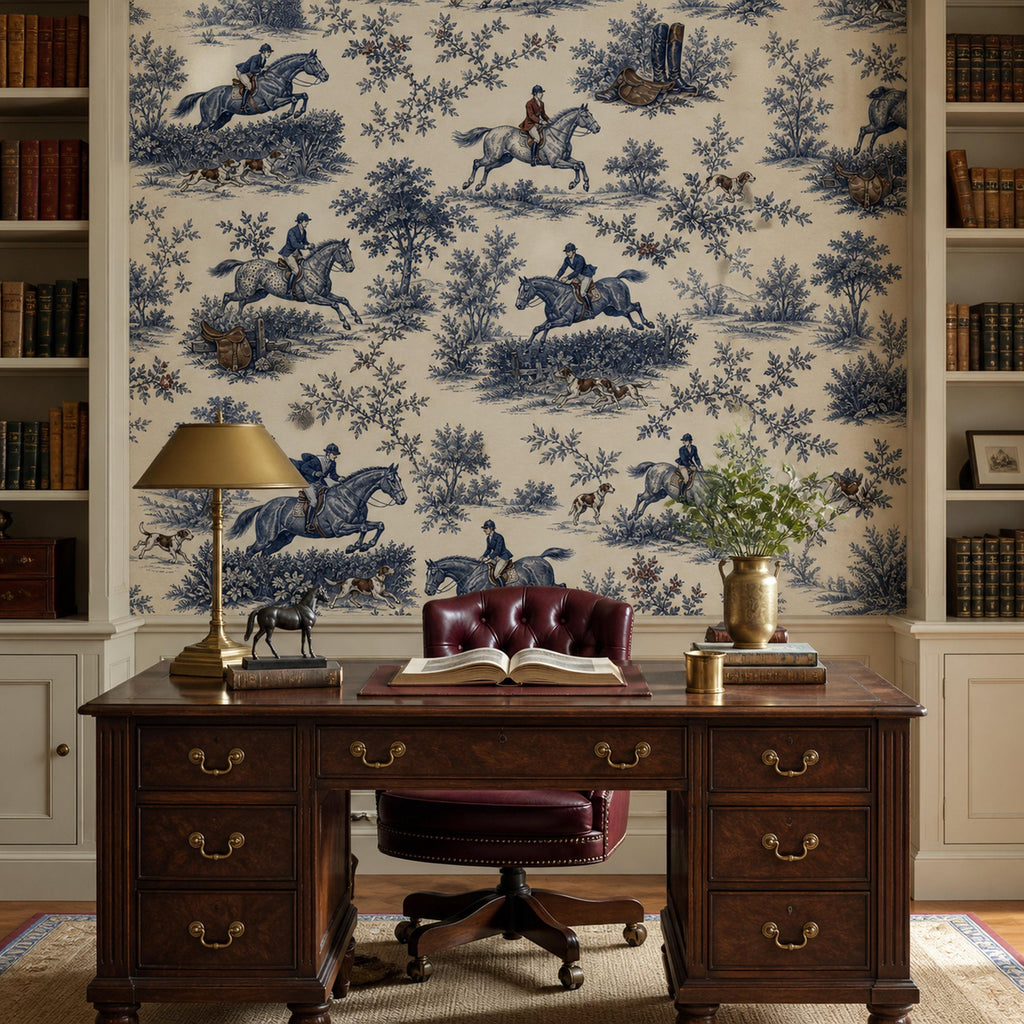 Cobalt blue equestrian toile wallpaper behind a carved wooden desk with a brass lamp and tufted burgundy chair