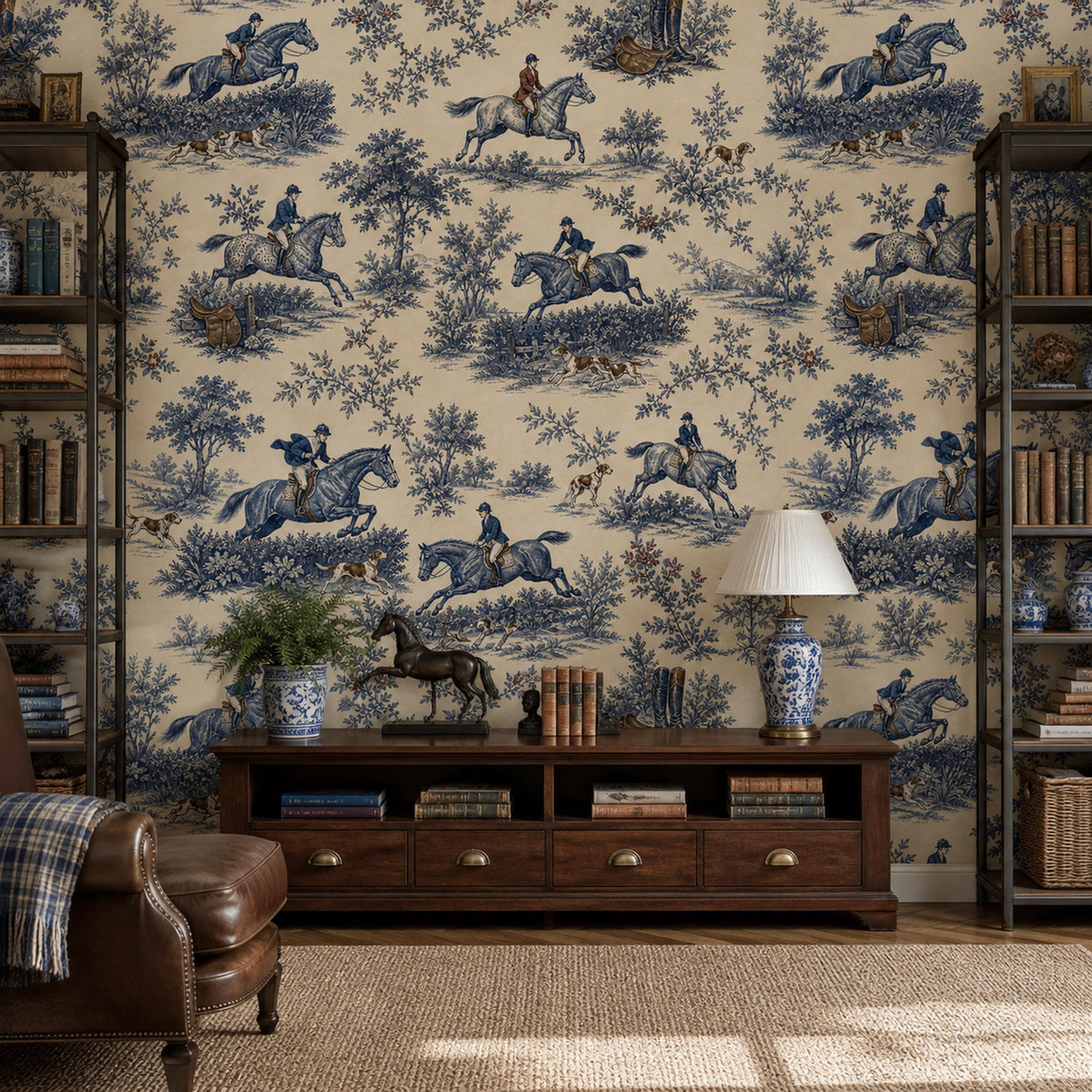 Cobalt blue equestrian toile wallpaper in a study with a wooden console, ginger jar lamp and leather armchair