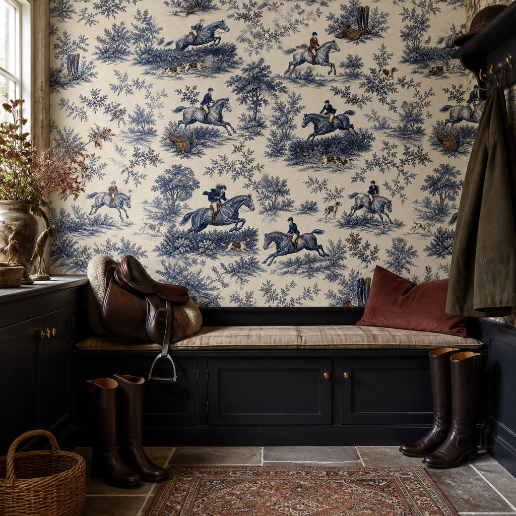 Cobalt blue equestrian toile wallpaper in a mudroom with a saddle, riding boots and a cushioned bench