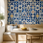 Peel and stick cobalt blue zellige wallpaper roll shown unrolled on white surface
