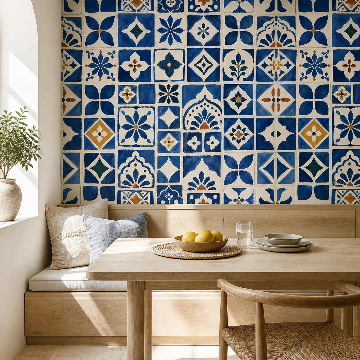 Peel and stick cobalt blue zellige wallpaper roll shown unrolled on white surface