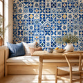 Mediterranean style kitchen with cobalt blue tile wallpaper as a bold backsplash accent wall