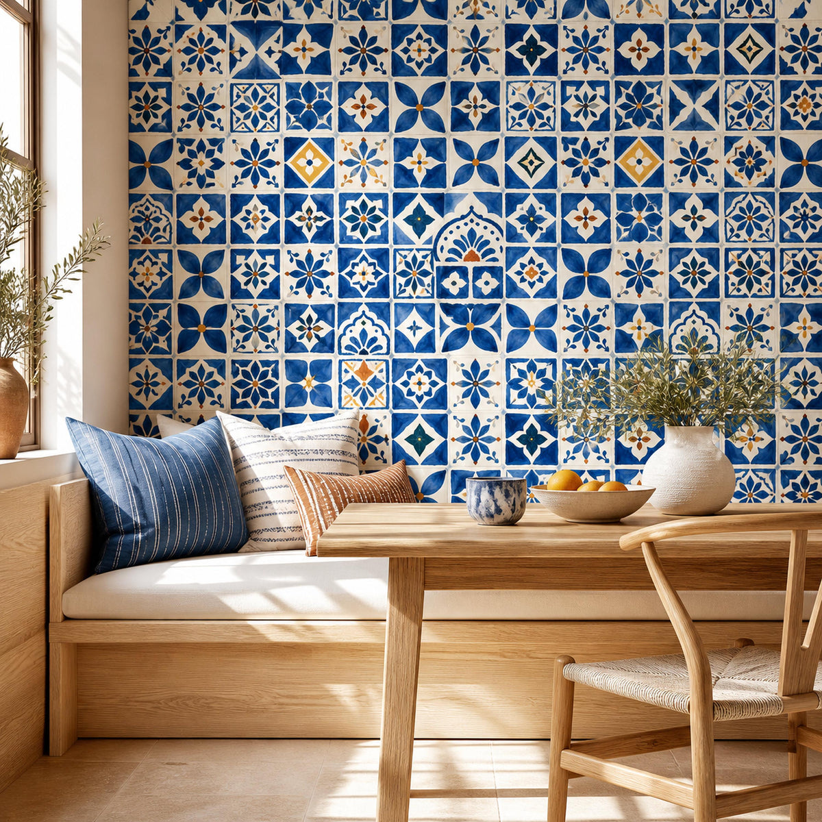 Mediterranean style kitchen with cobalt blue tile wallpaper as a bold backsplash accent wall