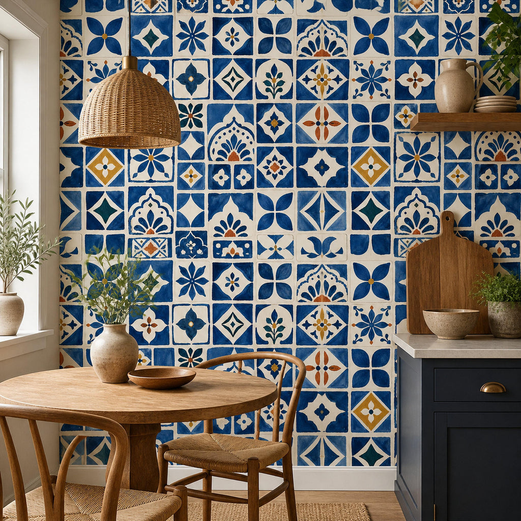 Size and scale chart showing blue tile wallpaper repeat dimensions and coverage per roll