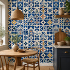 Size and scale chart showing blue tile wallpaper repeat dimensions and coverage per roll