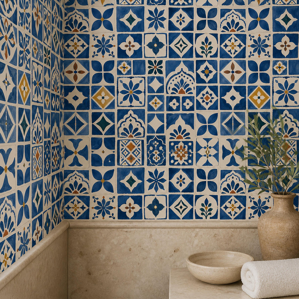 Hands peeling backing from removable cobalt zellige wallpaper to reveal adhesive layer