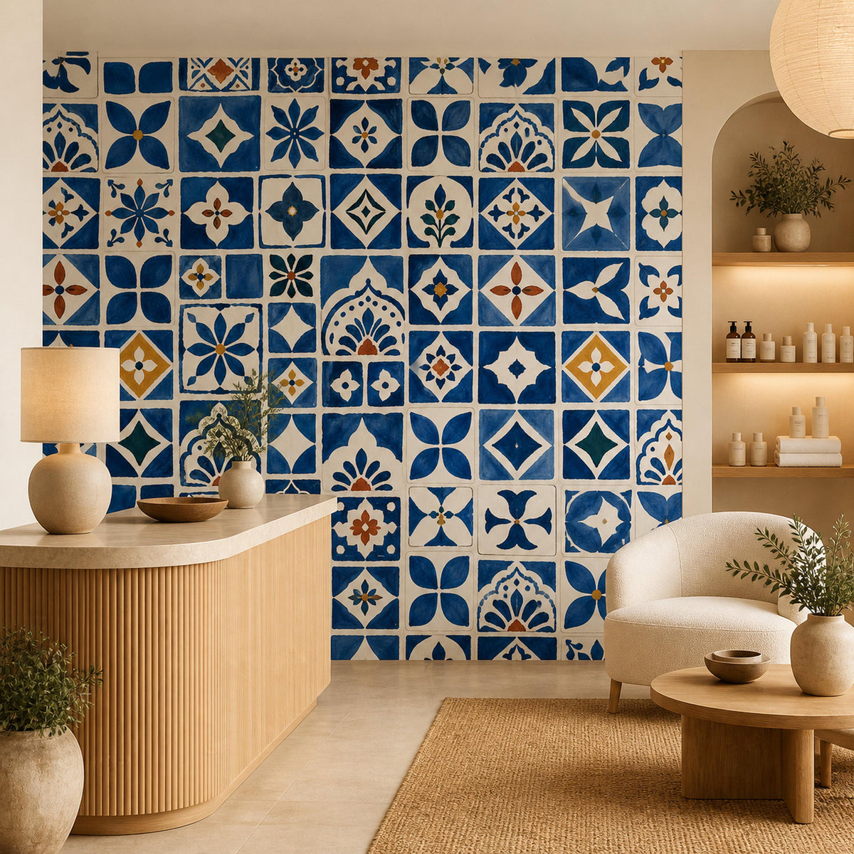 Step by step application guide for peel and stick Moroccan tile wallpaper on smooth walls