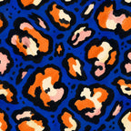 Cobalt leopard wallpaper close-up of orange, pink and cream jaguar spots on cobalt blue