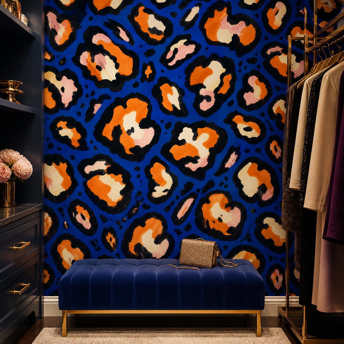 Cobalt leopard wallpaper in a dressing room with a navy tufted bench and clothing rail