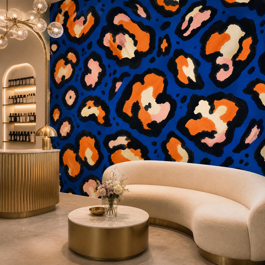Cobalt leopard wallpaper in a boutique lounge with a curved cream sofa and gold coffee table