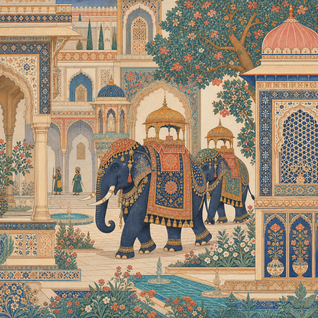 Indian elephant palace mural full design view of a royal elephant in a Mughal courtyard with domed pavilions