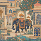 Indian elephant palace mural full design view of a royal elephant in a Mughal courtyard with domed pavilions