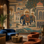 Indian elephant palace mural in a living room with a curved blue velvet sofa and rust armchairs