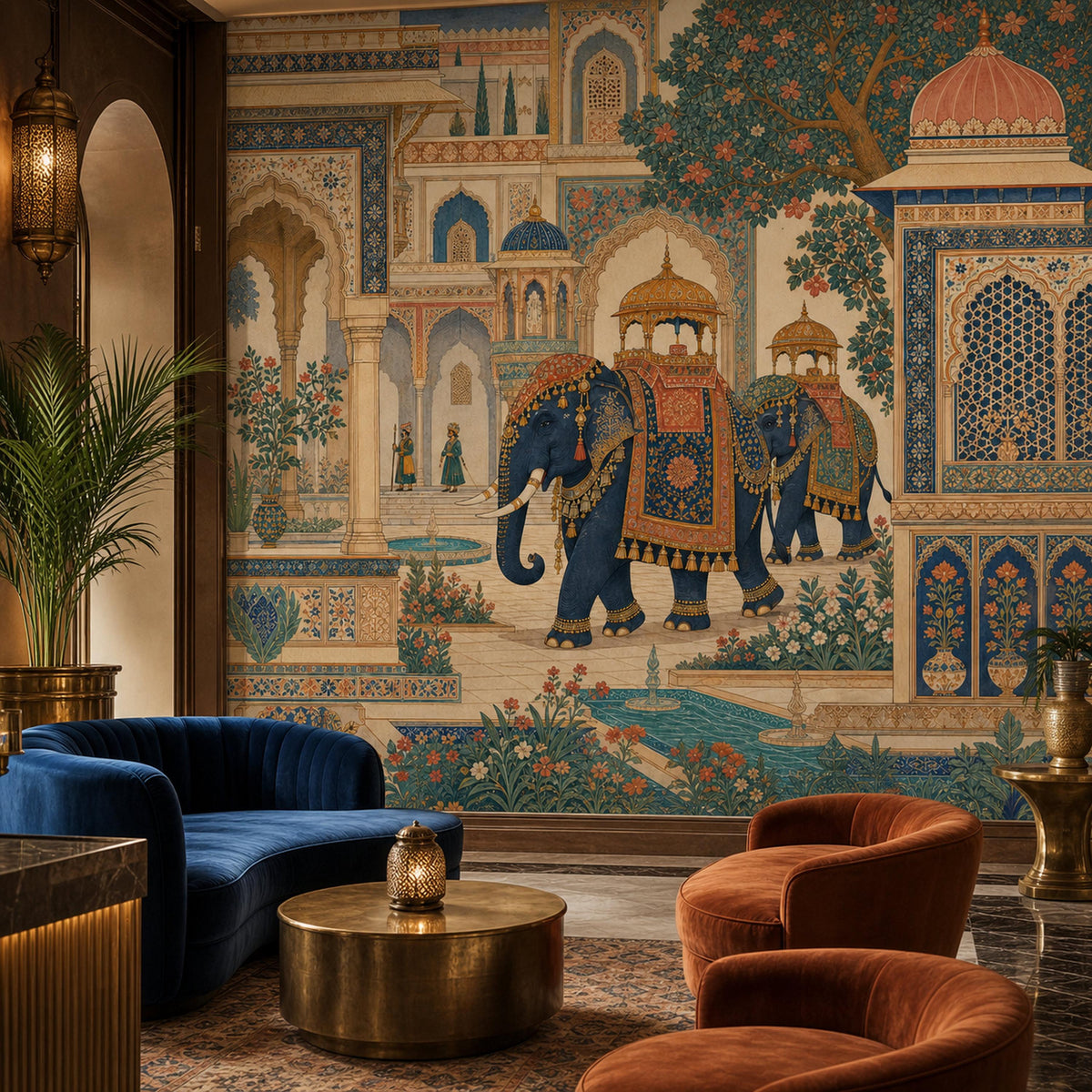 Indian elephant palace mural in a living room with a curved blue velvet sofa and rust armchairs