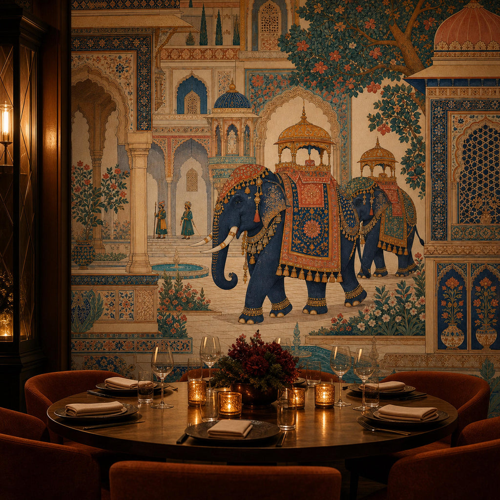 Indian elephant palace mural in a candlelit dining room with a round table and red velvet chairs