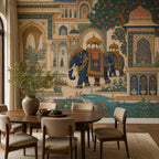 Indian elephant palace mural in a dining room with a round wooden table, cream chairs and a vase of branches
