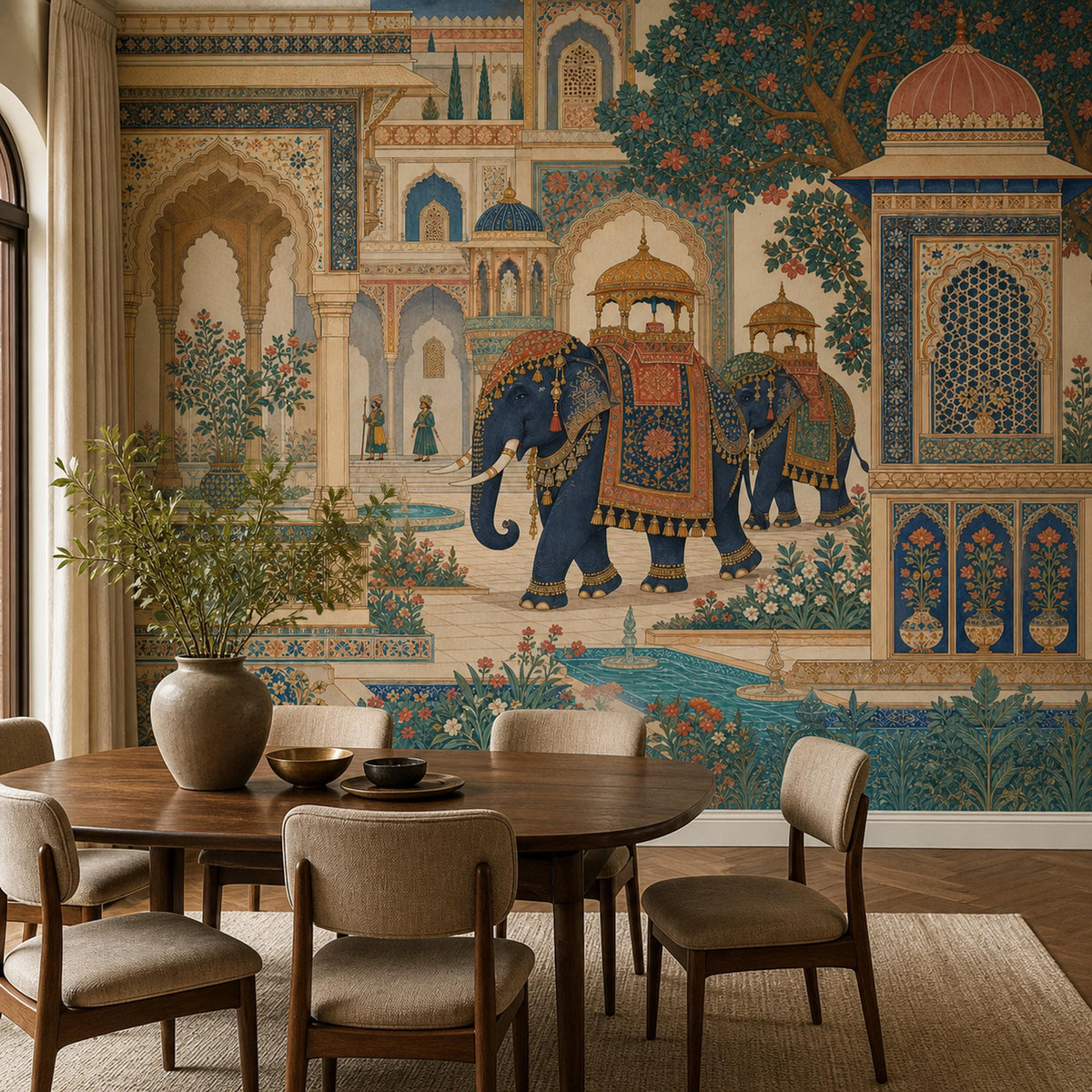 Indian elephant palace mural in a dining room with a round wooden table, cream chairs and a vase of branches