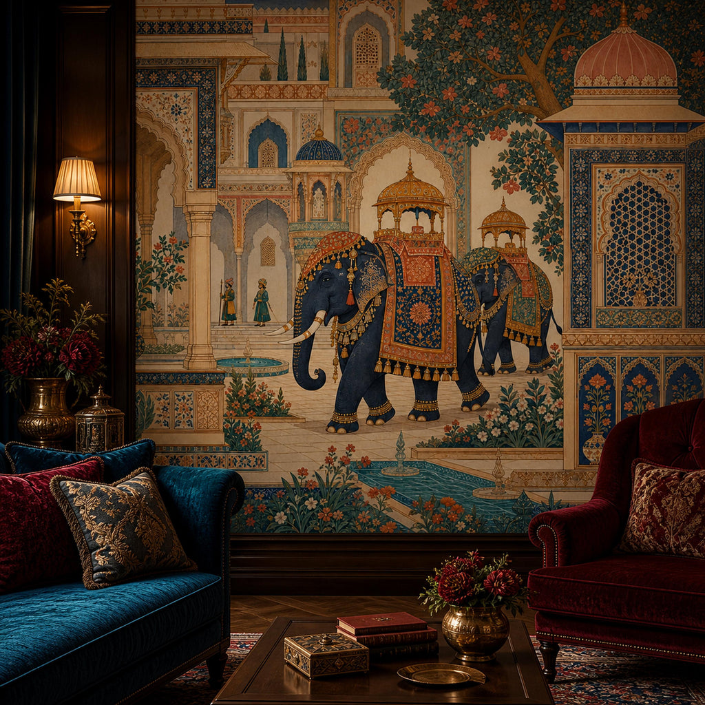 Indian elephant palace mural in a dark living room with a blue velvet sofa, red armchair and wall sconce
