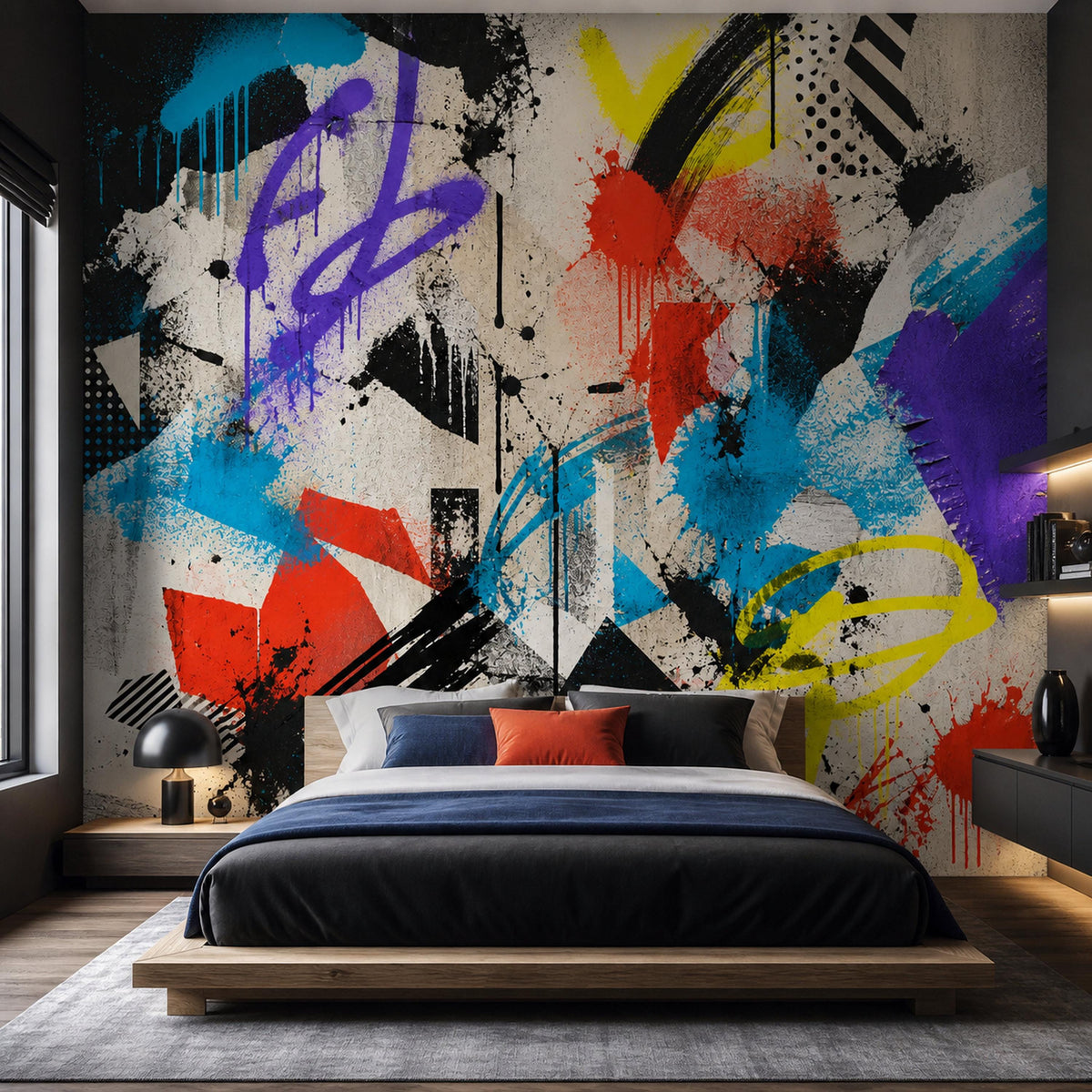 Teen game room decorated with colorful street art wallpaper mural and modern urban wall decor