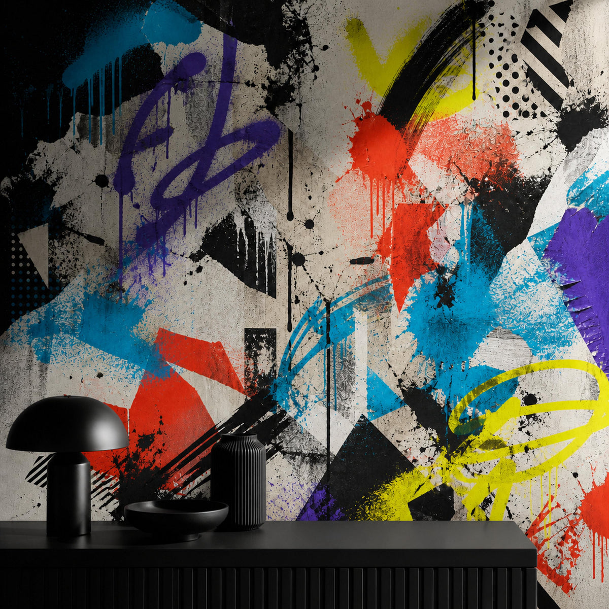 Boys room featuring bright graffiti wallpaper mural with abstract shapes and loft wallpaper aesthetic