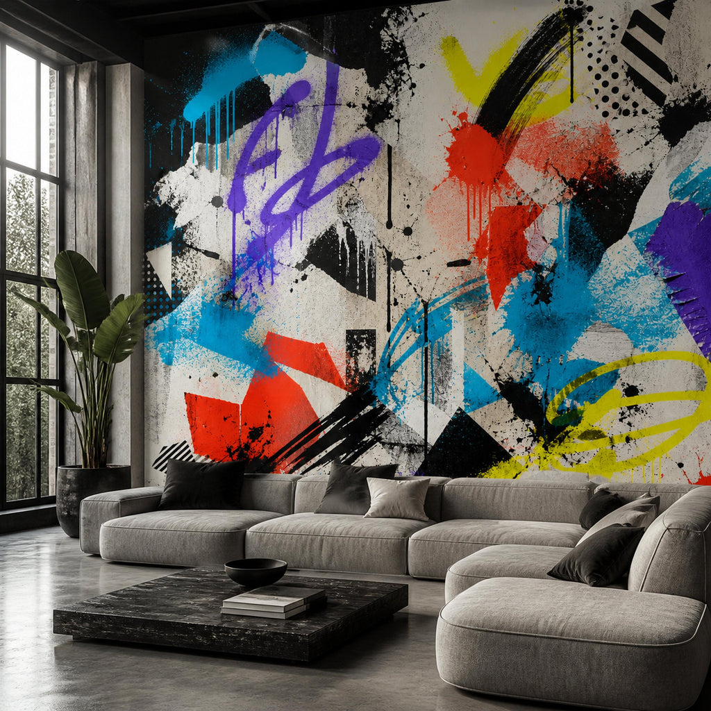 Size and scale chart for custom graffiti wallpaper mural showing available dimensions and panel layout