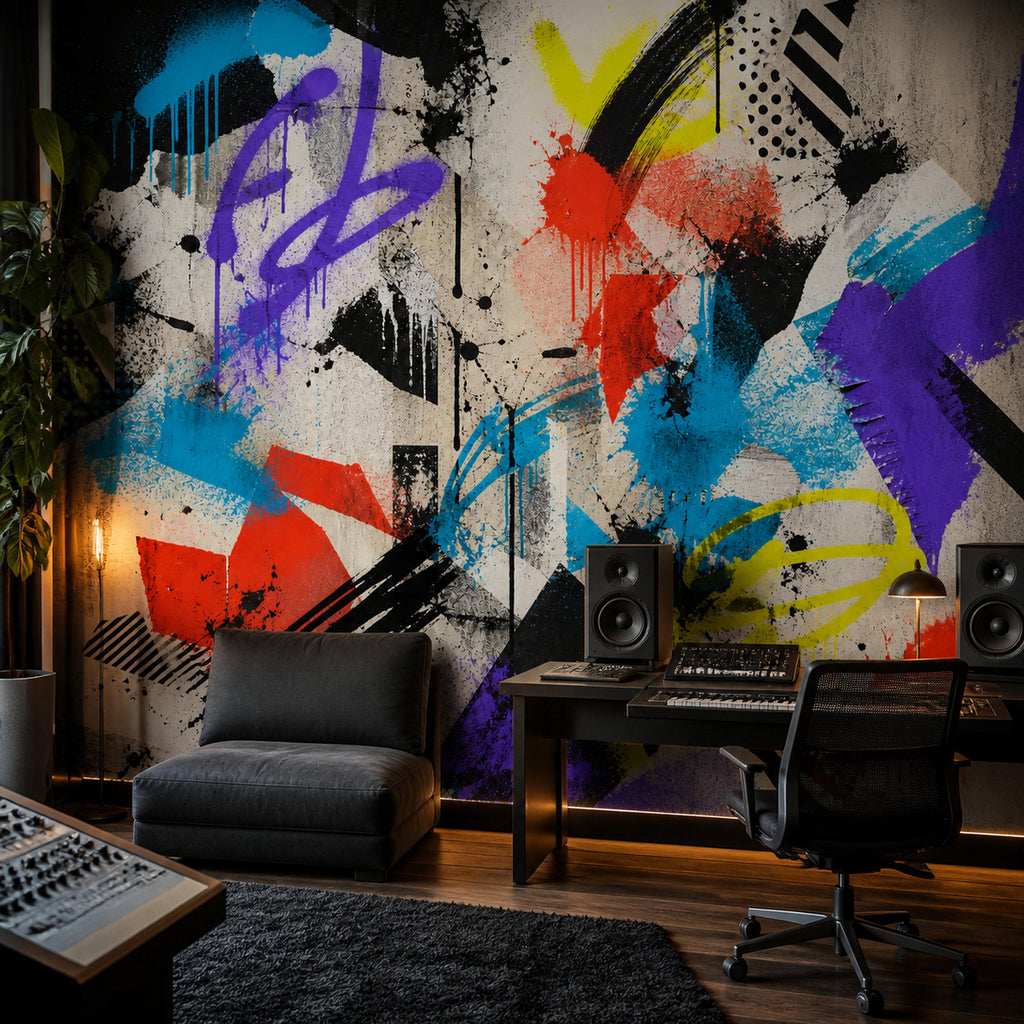 Textured close-up of street art mural wallpaper highlighting layered colors and graffiti line details