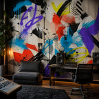 Textured close-up of street art mural wallpaper highlighting layered colors and graffiti line details