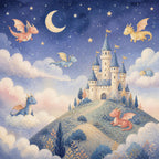 Dragon castle celestial mural full design with a castle on a hill, flying dragons, moon and stars