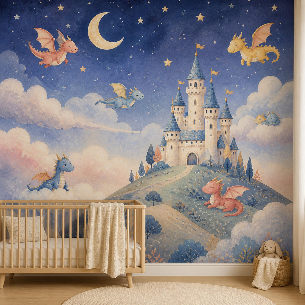 Dragon castle celestial mural in a nursery with a wooden crib and jute rug
