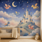 Dragon castle celestial mural in a nursery with a wooden crib and jute rug