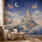 Dragon castle celestial mural in a reading corner with a cream armchair and small side table