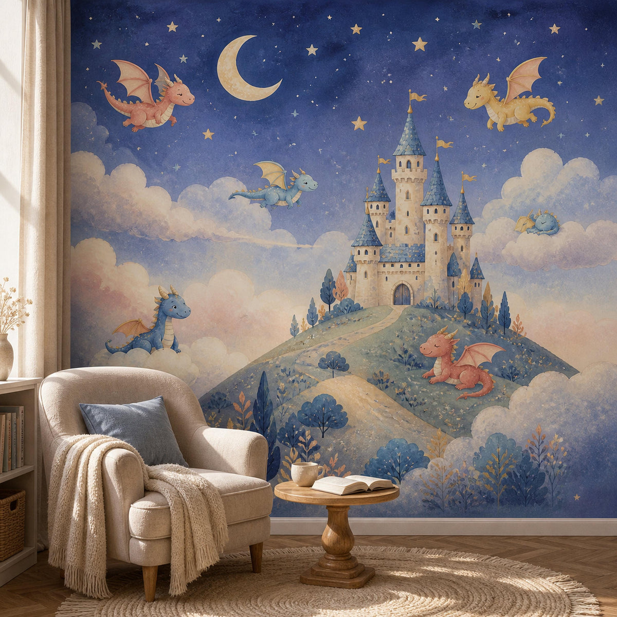 Dragon castle celestial mural in a reading corner with a cream armchair and small side table