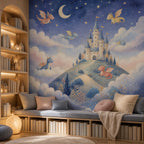Dragon castle celestial mural in a reading nook with a cushioned window bench and lit bookshelves