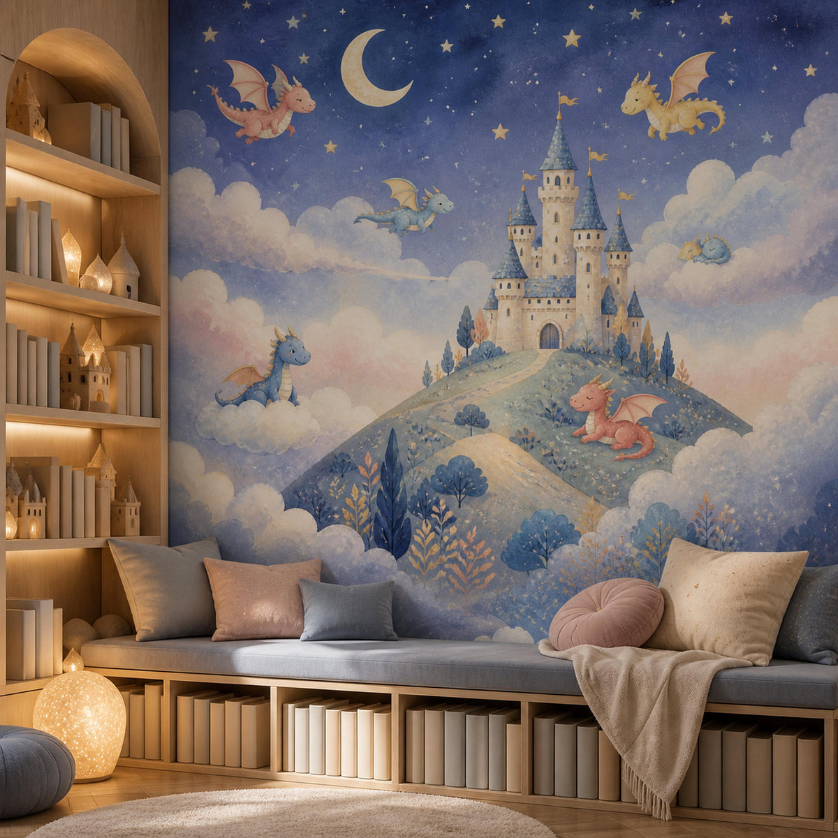 Dragon castle celestial mural in a reading nook with a cushioned window bench and lit bookshelves