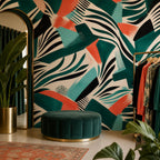 Bedroom accent wall covered in removable emerald zebra wallpaper with vibrant coral teal graphic pattern
