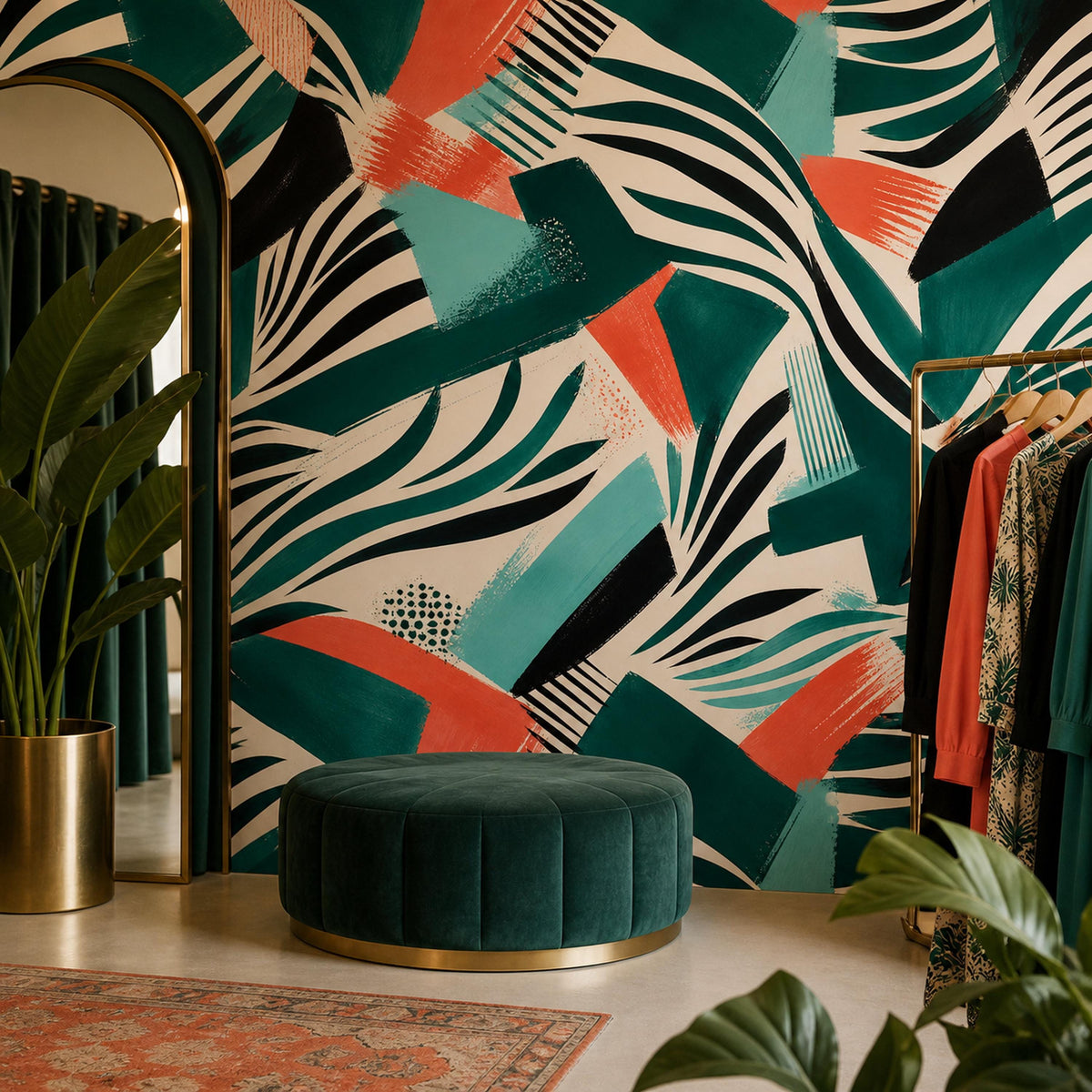 Bedroom accent wall covered in removable emerald zebra wallpaper with vibrant coral teal graphic pattern