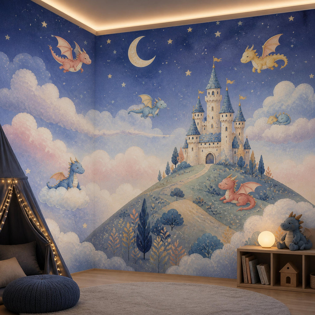 Dragon castle celestial mural in a playroom with a fairy light teepee and cove ceiling lighting