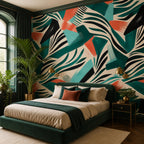 Single strip of abstract zebra wallpaper in emerald and coral teal pinned against a white wall for scale