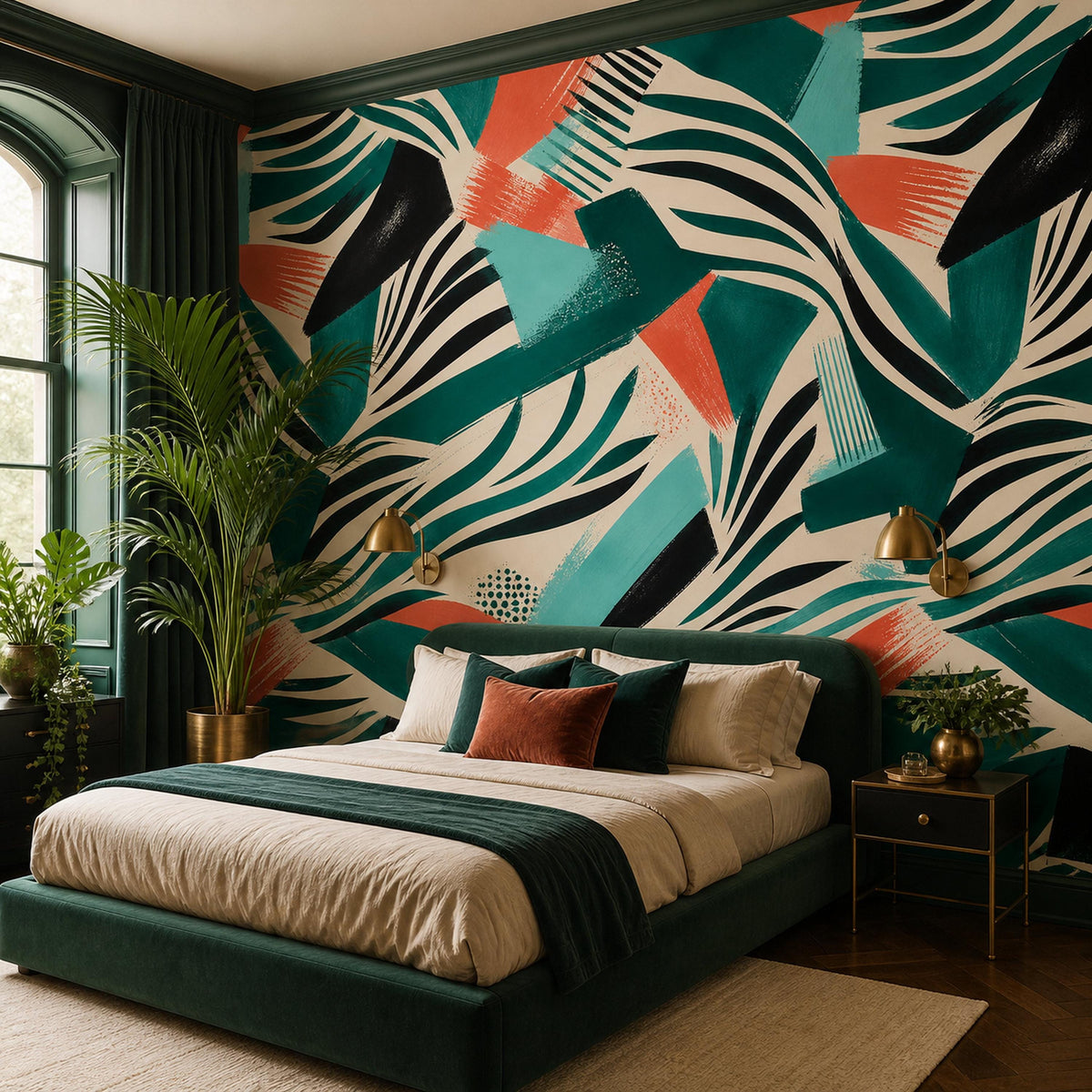 Single strip of abstract zebra wallpaper in emerald and coral teal pinned against a white wall for scale