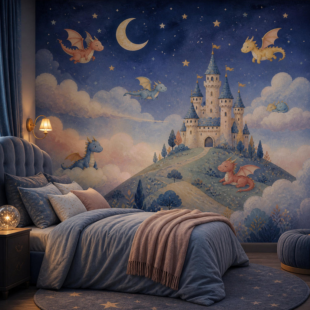 Dragon castle celestial mural in a kids bedroom with a navy tufted bed and pink throw