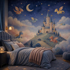 Dragon castle celestial mural in a kids bedroom with a navy tufted bed and pink throw