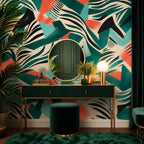 Dining room statement wall with maximalist coral teal emerald animal print peel and stick wallpaper
