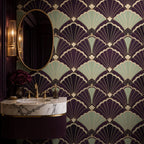 Close-up of aubergine shell fan pattern wallpaper showing rich purple tones and geometric art deco detailing
