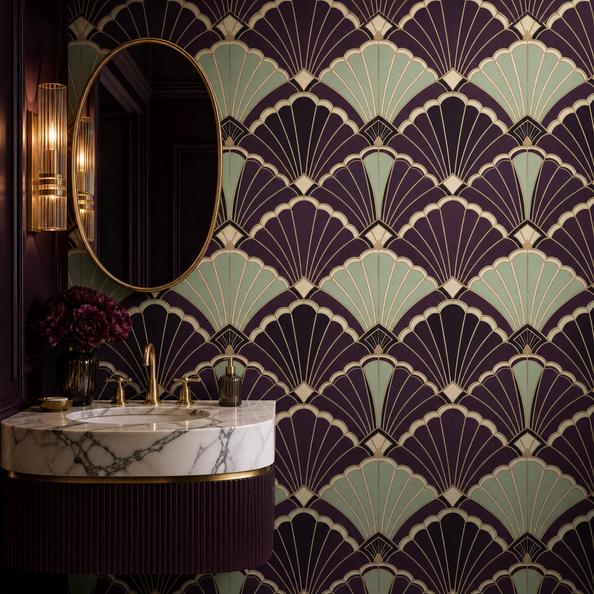 Close-up of aubergine shell fan pattern wallpaper showing rich purple tones and geometric art deco detailing