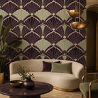 Luxury removable wallpaper in deep aubergine with art deco geometric shell fans creating a glamorous accent wall